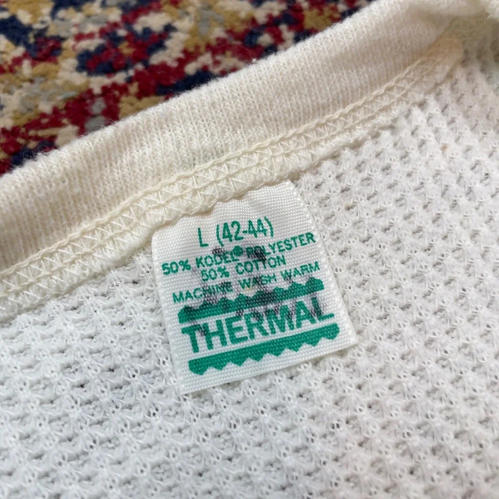 Mens White Thermal Long Sleeve Crew Neck Shirt L 42-44 50% Polyester 50% Cotton‎